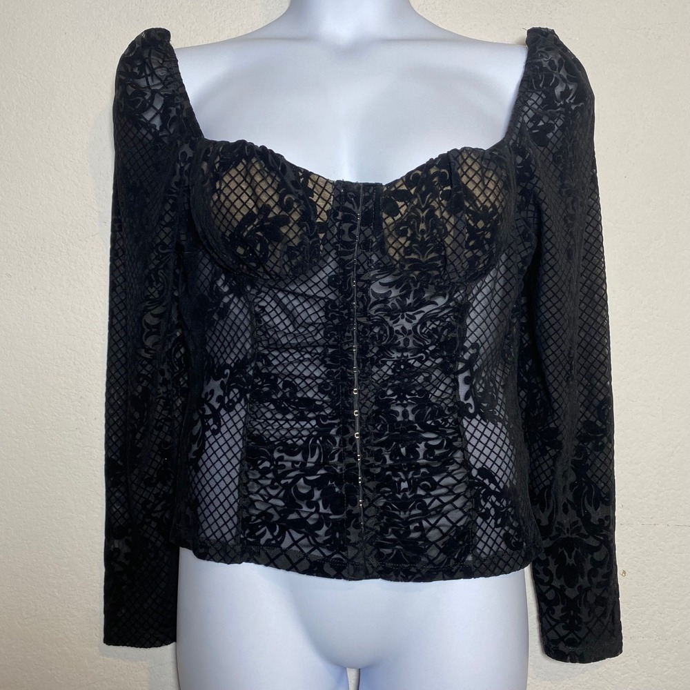 Bebe Flocked Burnout Top XL Black Womens Goth Corset Bustier‎ Long Sleeve Mesh